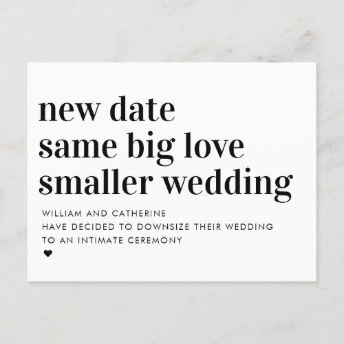 Smaller Wedding Same Love Typography Downsizing Announcement Postcard