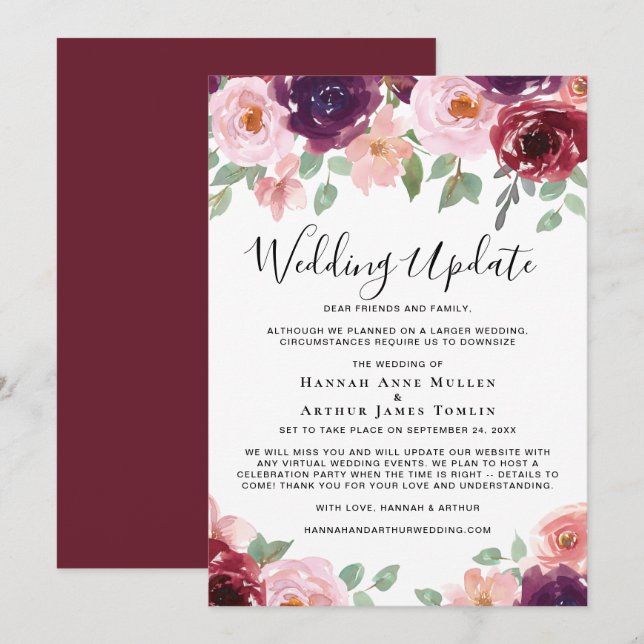 Smaller Wedding Update Floral Watercolor Announcement (Front/Back)