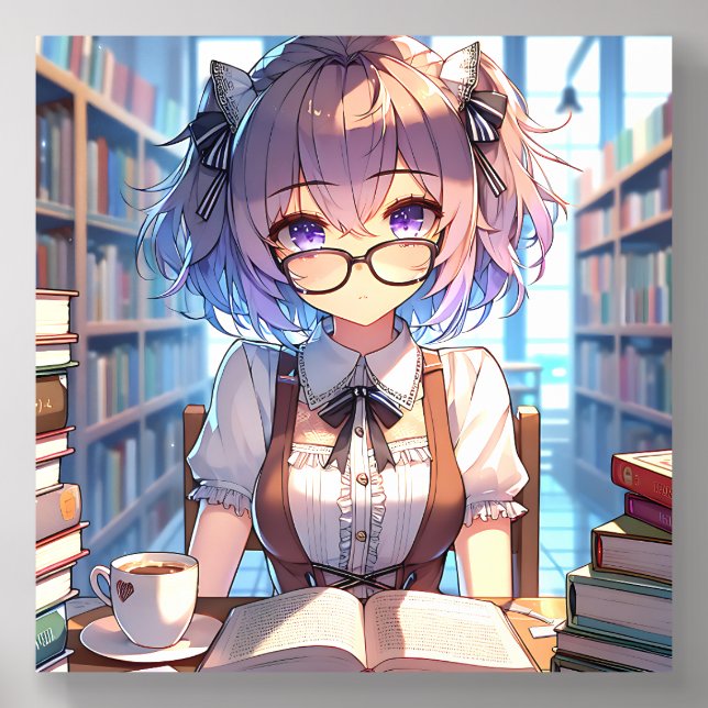 Smart Anime Girl in Library Reading Books Acrylic Photo Tile (Front Set)