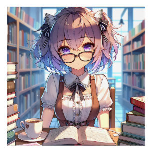 Smart Anime Girl in Library Reading Books Acrylic Print