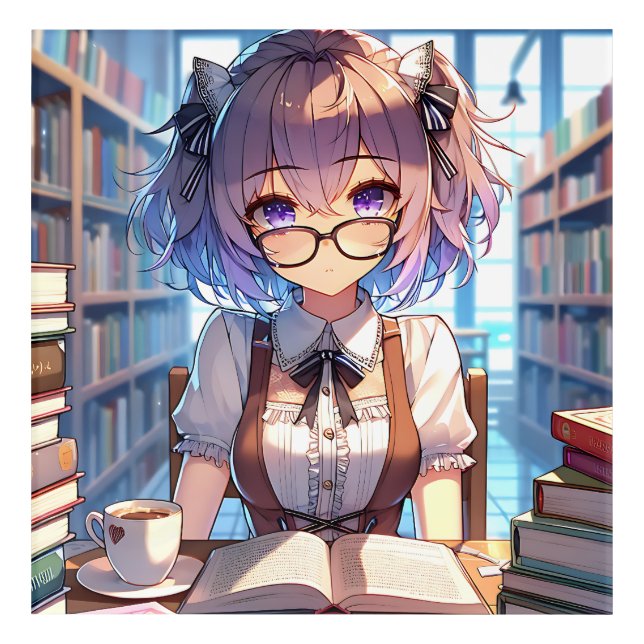 Smart Anime Girl in Library Reading Books Acrylic Print (Front)