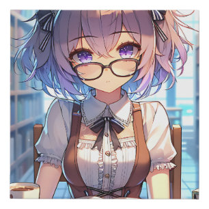 Smart Anime Girl in Library Reading Books Faux Canvas Print