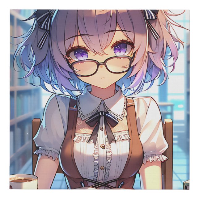 Smart Anime Girl in Library Reading Books Faux Canvas Print (Front)