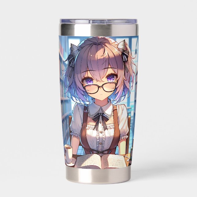 Smart Anime Girl in Library Reading Books Insulated Tumbler (Back)
