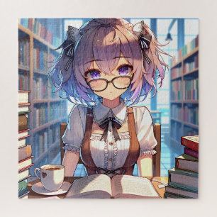 Smart Anime Girl in Library Reading Books Jigsaw Puzzle