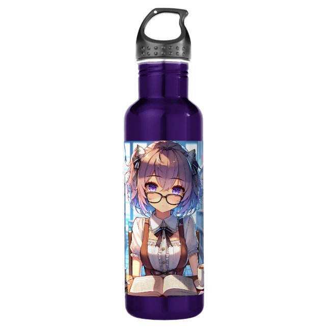 Smart Anime Girl in Library Reading Books Stainless Steel Water Bottle (Front)