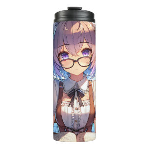Smart Anime Girl in Library Reading Books Thermal Tumbler