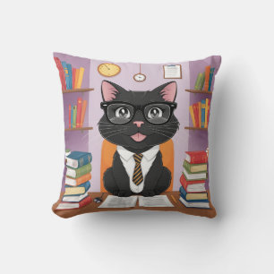 Smart Black black cat and books with Glasses – Fu Throw Pillow