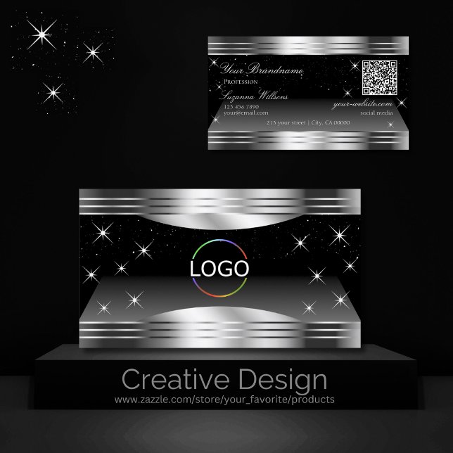 Smart Black Silver Shimmer Borders Logo QR Code Business Card (Creator Uploaded)