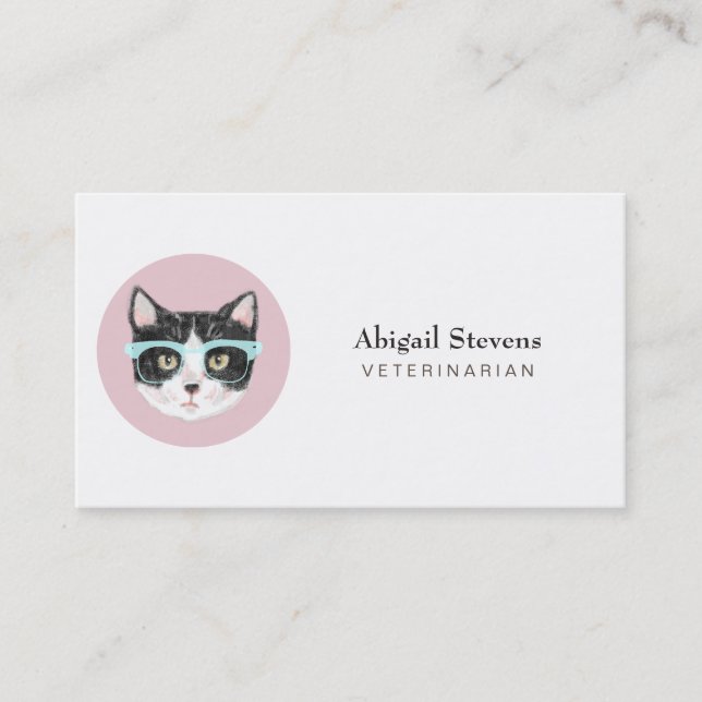 Smart Black & White Cat Wearing Glasses Business Card (Front)