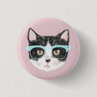 Smart Black & White Cat Wearing Glasses Pinback Button