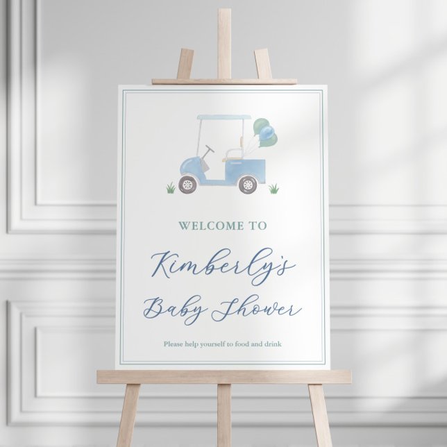 Smart Blue And Green Golf Baby Shower Welcome Sign (Pale blue golf cart preppy baby shower for boy welcome sign)