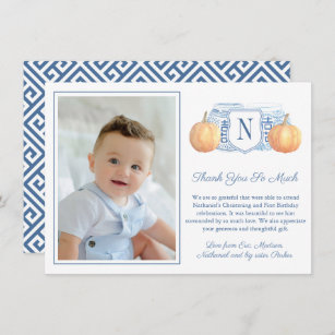 Smart Blue And White Pumpkin Child Birthday Photo Thank You Card