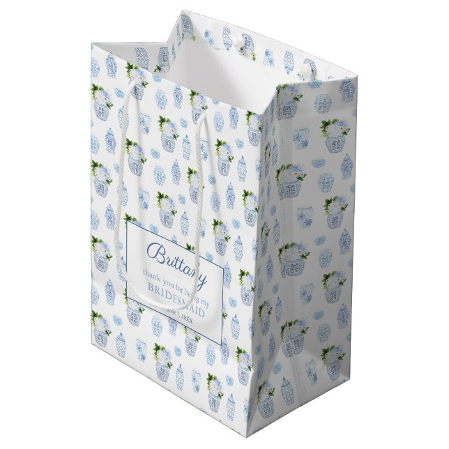 Smart Blue And White Wedding Bridesmaids Thank You Medium Gift Bag (Front Angled)