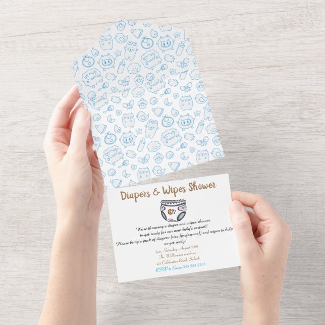 Smart Blue Check Diaper Boy Baby Shower Invitation (Tearaway)