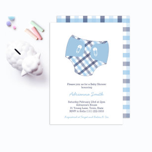 Smart Blue Check Diaper Boy Baby Shower Invitation