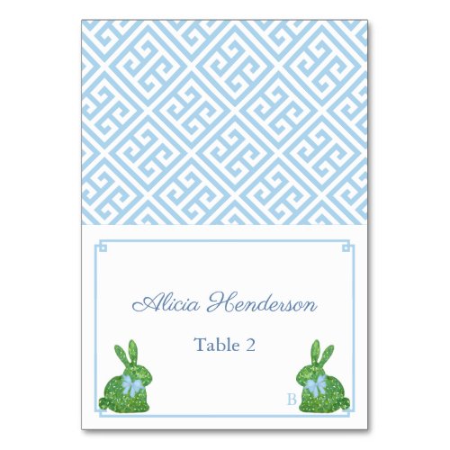 Smart Blue & Green Bunny Easter Brunch Place Cards - This design is sold as a 3.5x5 inches flat card that you will need to fold (or score and fold) in half yourself to make individual place cards with a folded size of 3.5x2.5 inches. This preppy chic design features a watercolor Boxwood topiary bunny with a floppy blue bow. The design also has a Greek Key border on the front and a Greek Key pattern on the back. You can change the contrast color (currently a light blue) by entering the design tool ("click to customize further" underneath the text customization boxes) and changing the background colors.