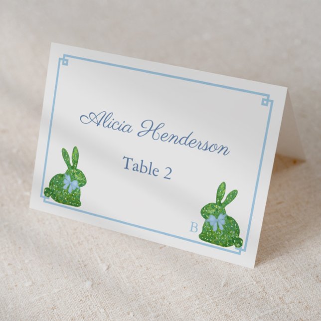 Smart Blue & Green Bunny Easter Brunch Place Cards (Individual place cards for baby boy showef with topiary bunny with light blue bow)