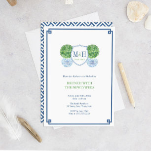 Smart Blue & Green Monogram Brunch With Newlyweds Invitation
