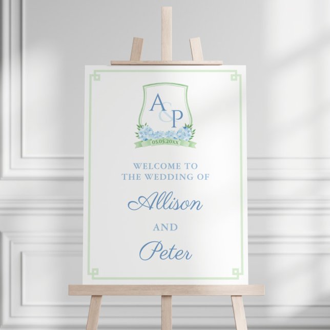 Smart Blue Green White Crest Wedding Welcome Sign (Blue And Green Watercolor Monogram Crest With Hydrangeas Wedding Welcome Sign)