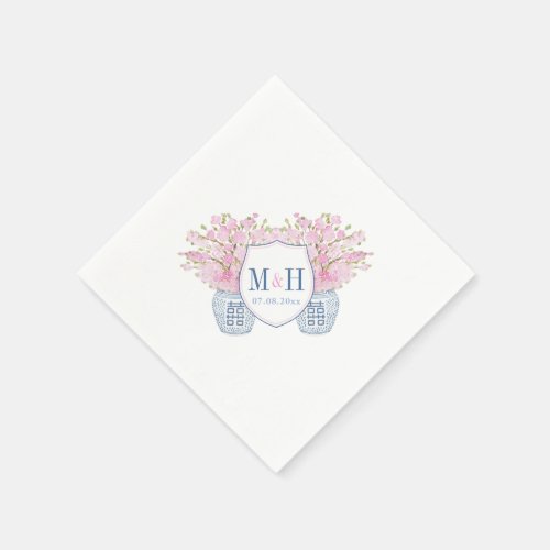 Smart Blue Pink Monogram Chinoiserie Chic Wedding Napkins