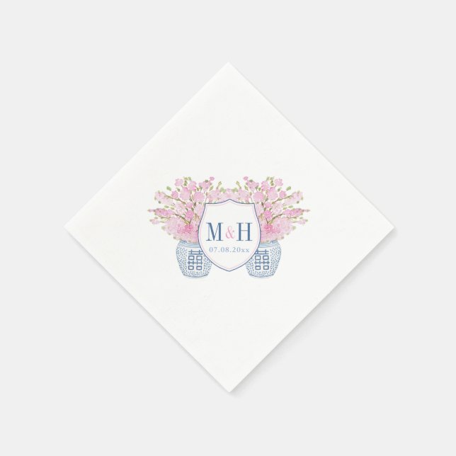 Smart Blue Pink Monogram Chinoiserie Chic Wedding Napkins (Corner)