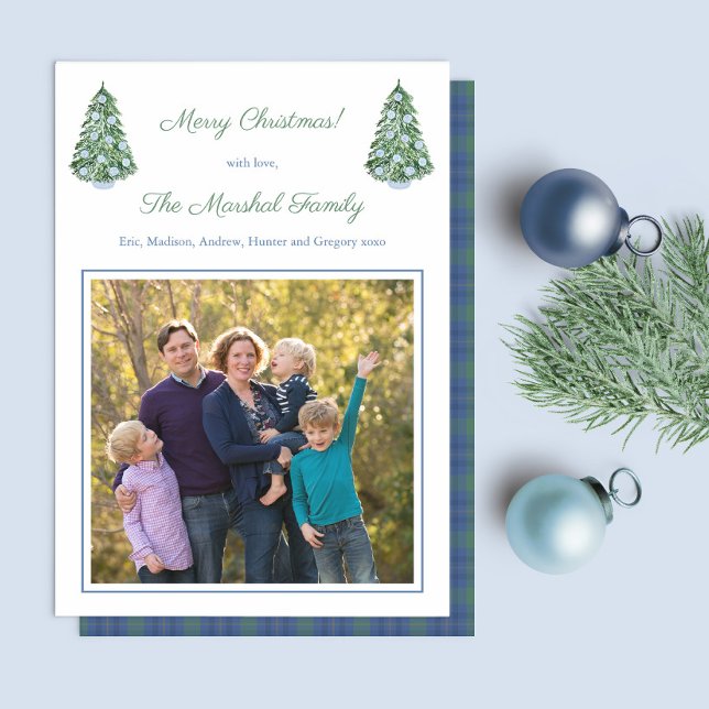 Smart Blue White Green Chinoiserie Family Picture Holiday Card (Chinoiserie decorated Christmas trees and space for square family photo. Reverse has matching tartan)