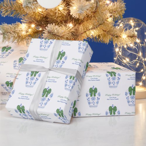 Smart Blue White Jar Green Ribbon Merry Christmas Wrapping Paper