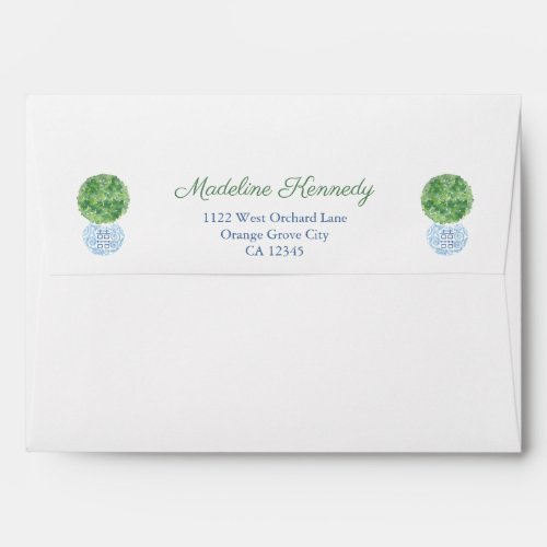 Smart Boxwood Ball Wedding Shower Return Address Envelope - Envelope design with a blue and white Greek Key pattern liner and the name / address flanked by classic boxwood topiary ball in a ginger jar planter. This watercolor element was handpainted by me. This design matches my Boxwood Topiary Tree / Ginger Jar Planter range of stationery.