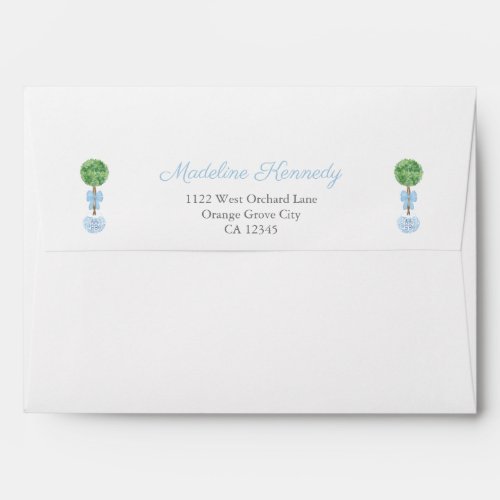 Smart Boxwood Blue Bow Baby Shower Return Address Envelope - Envelope design with a fresh baby blue and white gingham check liner and the name / address flanked by boxwood topiary decorated with a blue bow. This watercolor element was handpainted by me. This design matches my boxwood topiary/ blue range of stationery.