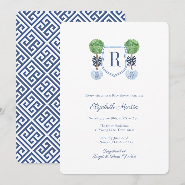 Smart Boxwood Monogram Crest Boy Baby Shower Party Invitation (Front/Back)