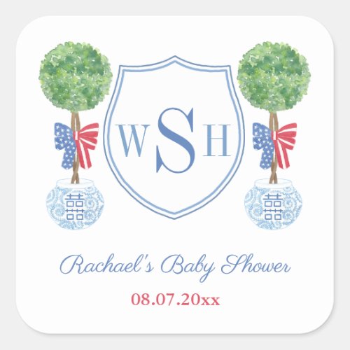 Smart Boxwood Monogram Crest Wedding Shower Favor Square Sticker