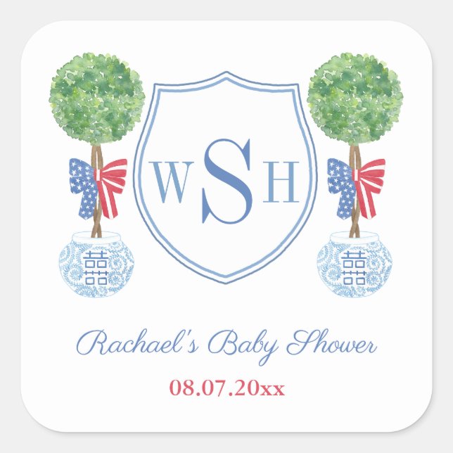 Smart Boxwood Monogram Crest Wedding Shower Favor Square Sticker (Front)
