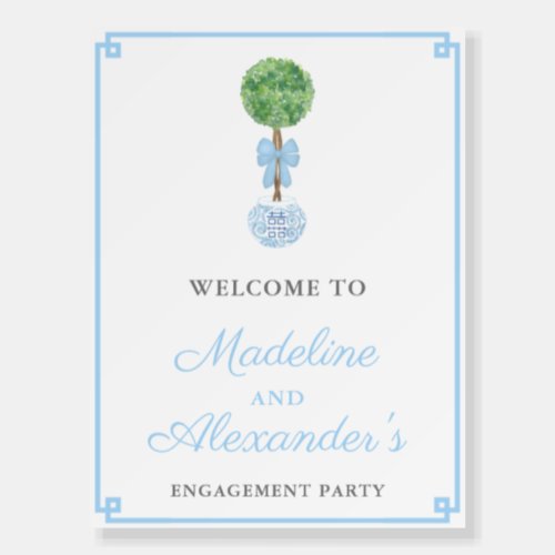 Smart Boxwood Sky Blue Engagement Party Welcome Foam Board - Classic Boxwood Topiary in a blue and white ginger jar planter decorate this party welcome sign design. Shown here for an Engagement Party but all of the text can be customized to your needs. With regards to the Greek Key border, you can change the color of this by changing the background color of the design (enter the design tool by clicking / tapping to personalize further). If you need the poster in another size ratio then you might need to adjust this border so it remains the correct distance from the edge. To do this, select one of the layers called "Greek Key half corner..." and use the arrows on your keyboard to move left or right). You'll need to do each half of the background separately.