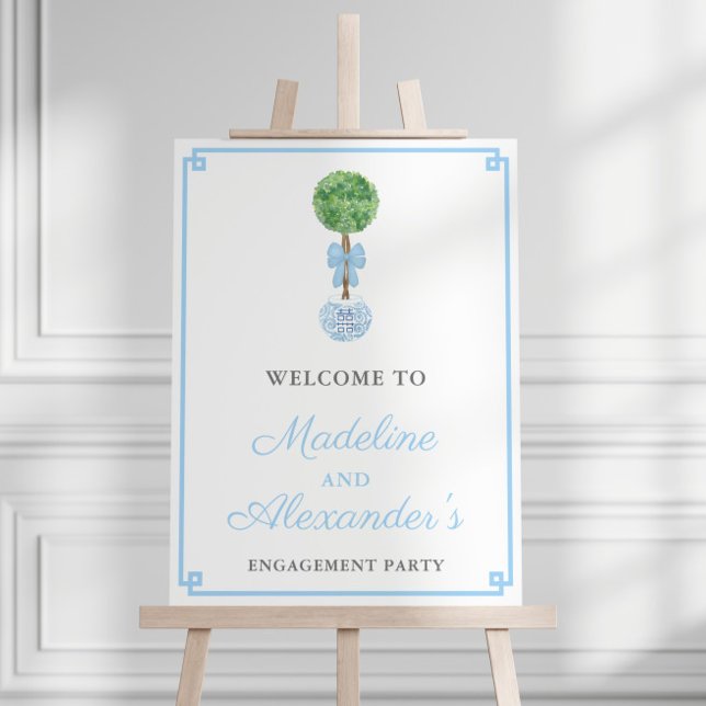 Smart Boxwood Sky Blue Engagement Party Welcome Foam Board (Smart boxwood topiary in a ginger jar planter with sky blue bow engagement party invitation)