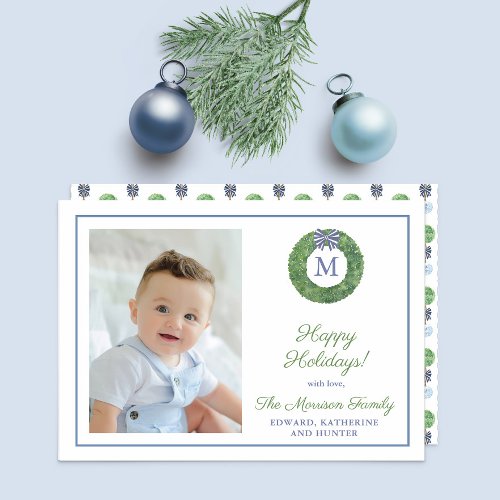 Smart Boxwood Wreath Monogram Picture Holiday Card