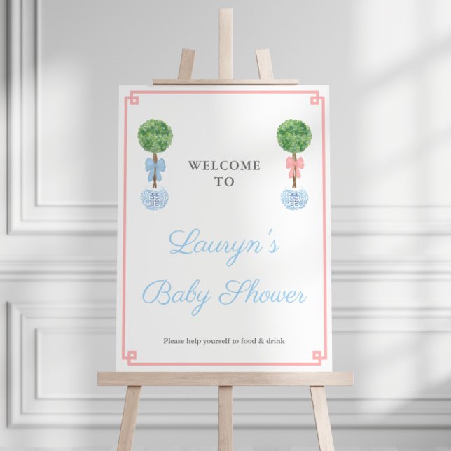Smart Boy Girl Twins Baby Shower Welcome Sign (Preppy pink and blue boxwood topiary twins or gender unknown neutral baby shower welcome sign)