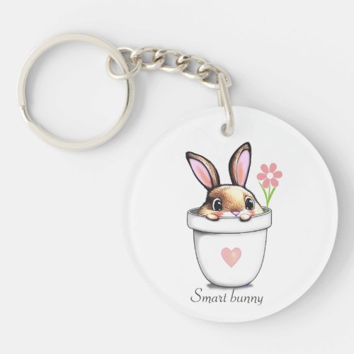 Smart Bunny in a Plant Pot with Flower  Heart Keychain