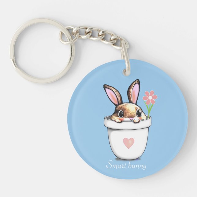 Smart Bunny with Flower & Heart on Light Blue Keychain (Front)