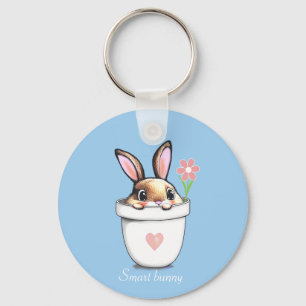 Smart Bunny with Flower & Heart on Light Blue Keychain
