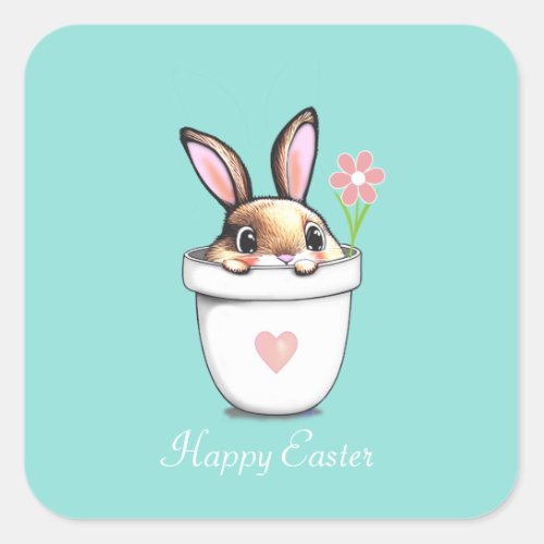 Smart Bunny with Flower  Heart on Light Blue Square Sticker