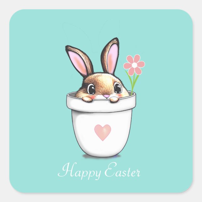 Smart Bunny with Flower & Heart on Light Blue Square Sticker (Front)