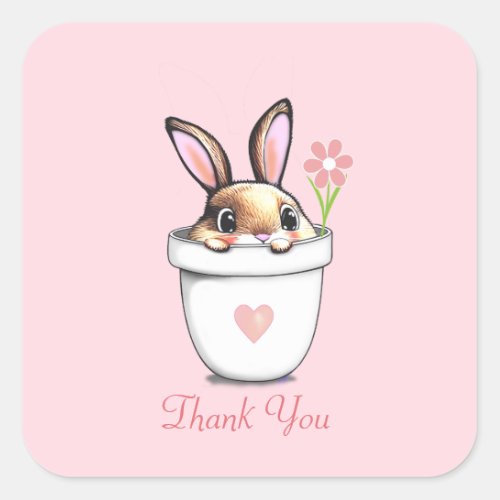 Smart Bunny with Flower  Heart on Light Pink Square Sticker
