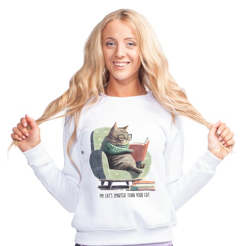 Smart cat reading a book wearing glasses armchair sweatshirt