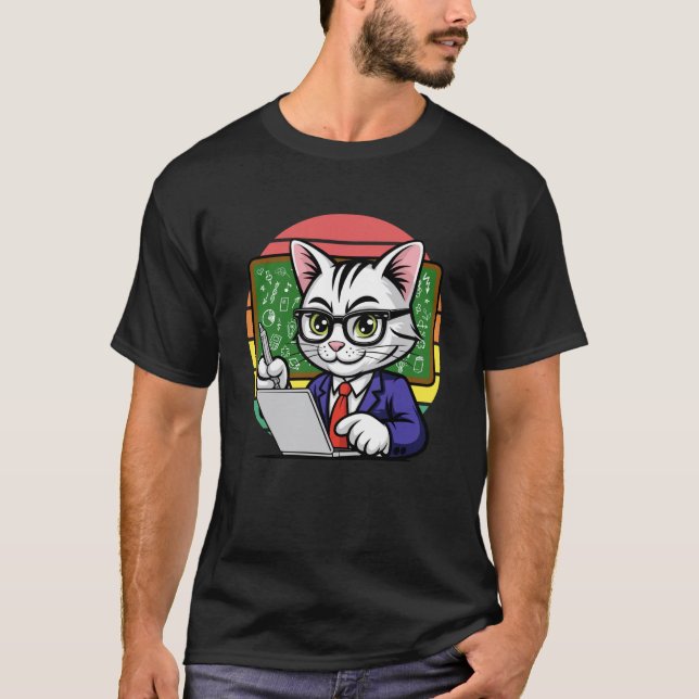 Smart Cat Teacher Studying Laptop Chalkboard Long  T-Shirt (Front)