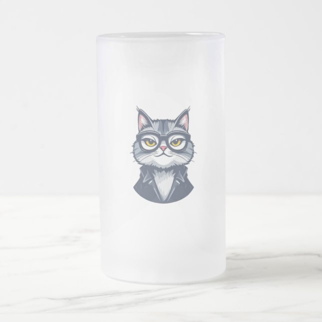 Smart Cat with Glasses Frosted Glass Mug (Center)
