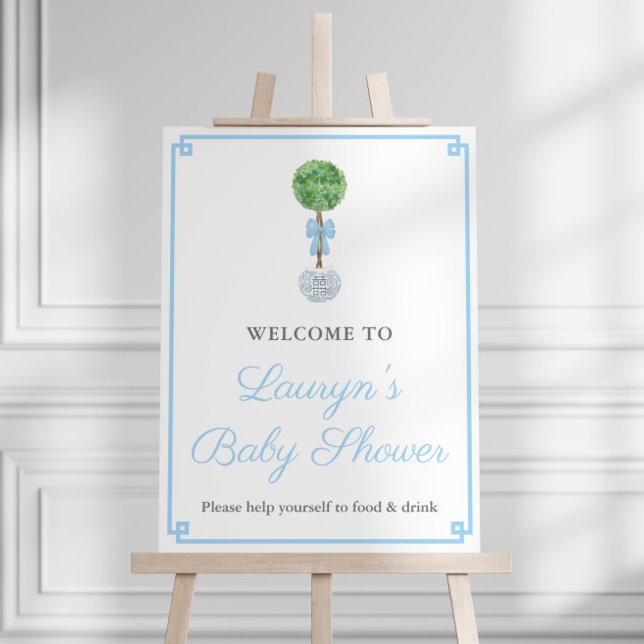 Smart Chinoiserie Boxwood Baby Boy Shower Welcome Foam Board (Elegant Baby Shower party welcome sign featuring boxwood topiary with a pale blue bow)