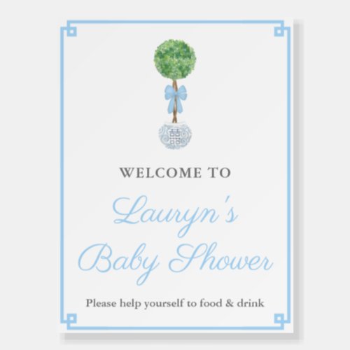 Smart Chinoiserie Boxwood Baby Boy Shower Welcome Foam Board - Classic Baby Shower Welcome Sign design with Boxwood Topiary in a ginger jar planter and a Greek Key style border. 