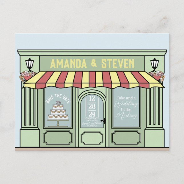 Smart, cute, café themed save the date design postcard (Front)