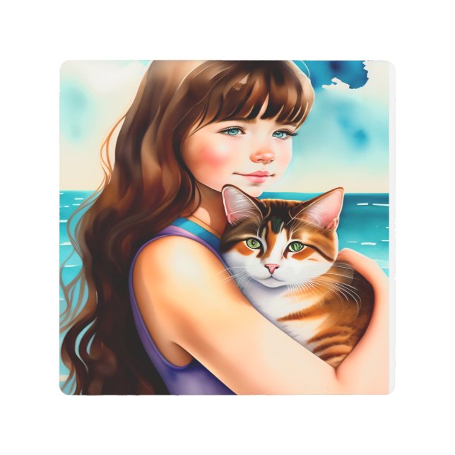 Smart Cute Cat & cute giri Metal Print (Front)